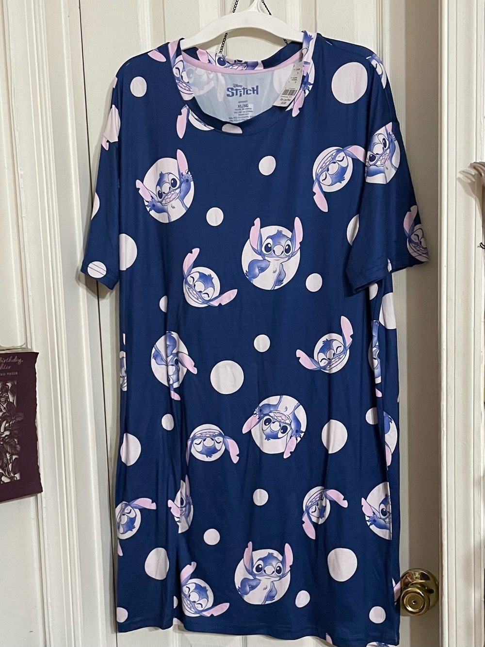 Disney Navy Blue Stitch Polka Dot Nightshirt with Pink Accents